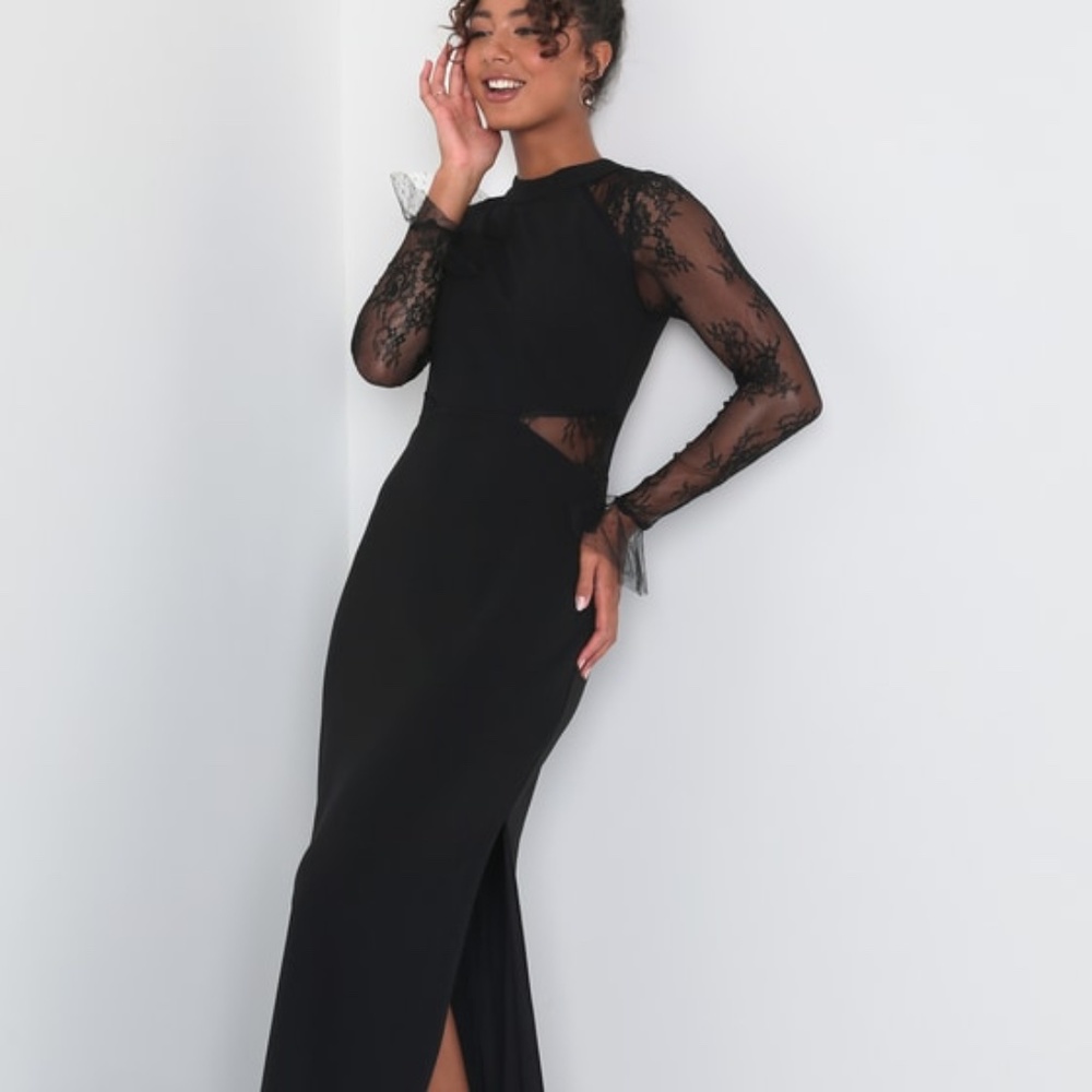 Bragging Rights Black Lace Long Sleeve Column Maxi Dress